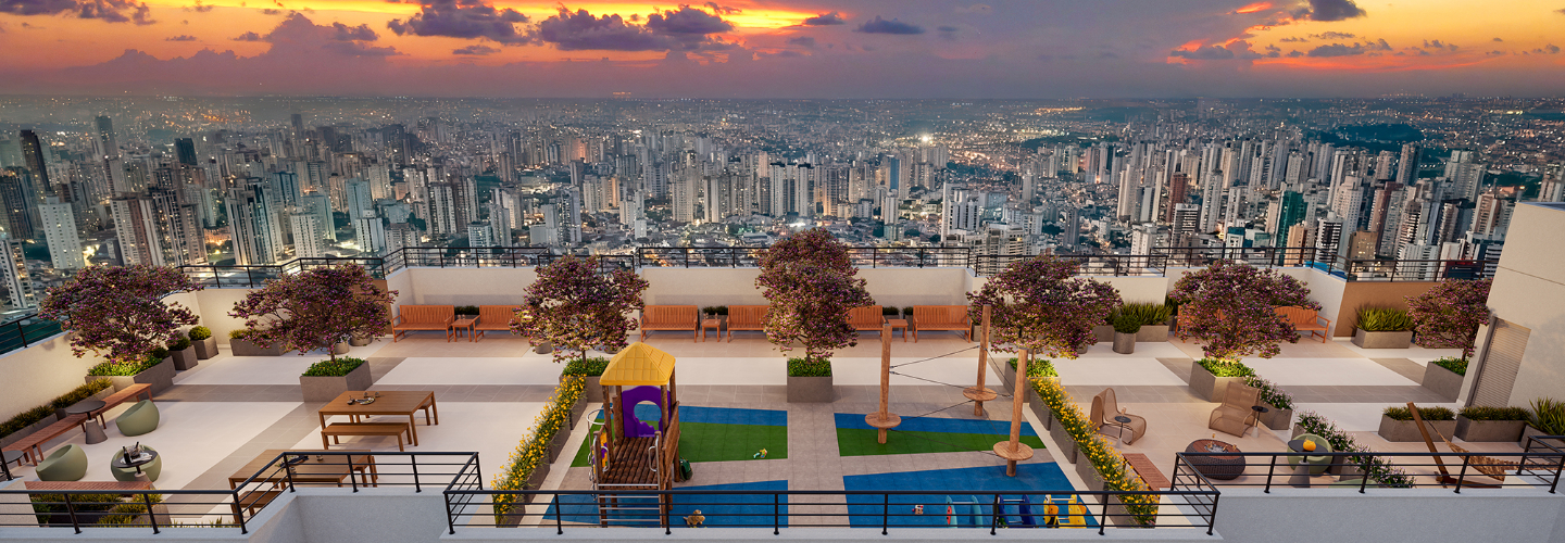Rooftop Sky com vista da cidade ao pôr do sol